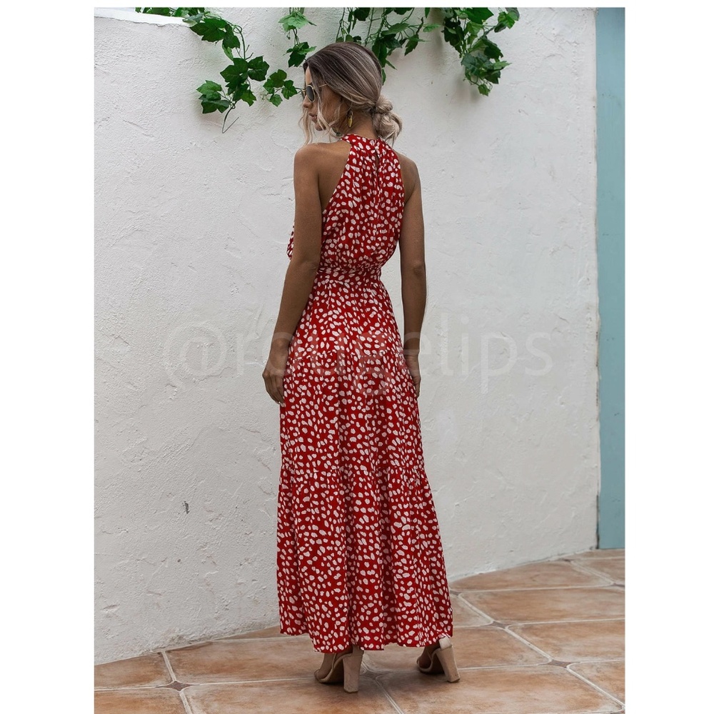 Spotted Print Maxi Dress Tie Belt High Neck White Red Long Flared Halter - Picture 4 of 11